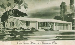 "Our New Home in Panorama City." Greenish image of a large ranch-style home with attached 2-car garage. Some kind of real estate souvenir?